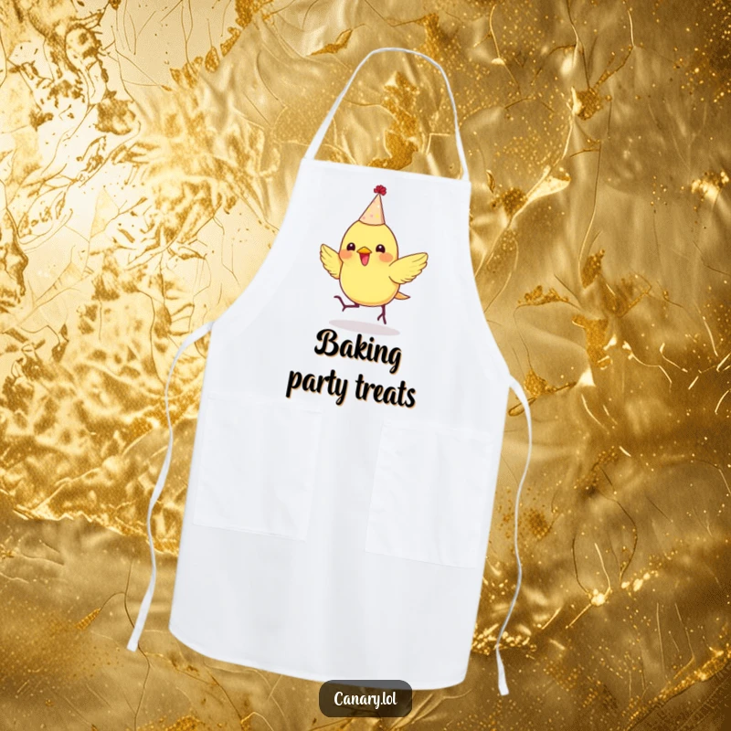 Funny apron with a tiny canary in a party hat, bouncing enthusiastically, perfect for festive cooking.