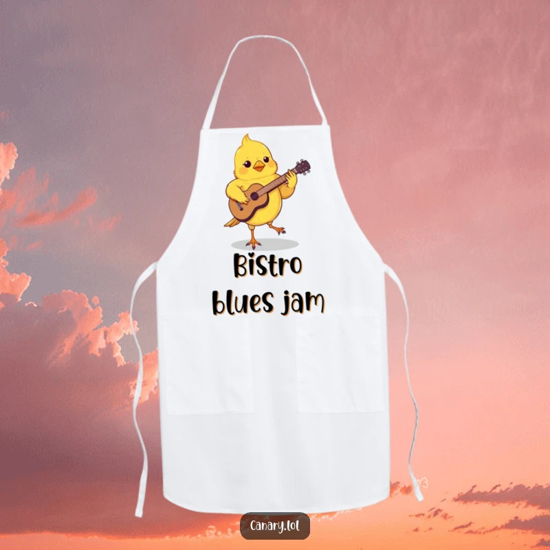 Funny Canary Jam Apron showing a small canary playing a miniature guitar with its feet, bringing musical fun to the kitchen.