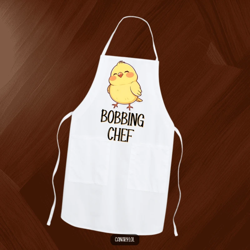 Funny Apron showing a happy canary with puffed cheeks, rhythmically bobbing its head, ideal for adding humor to cooking.