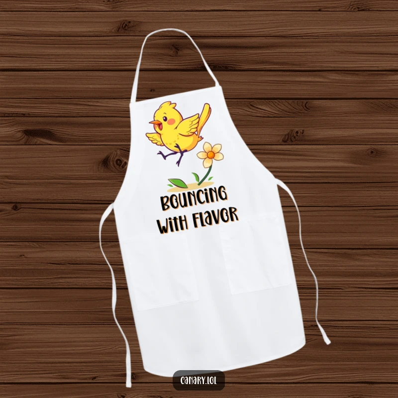 Funny apron adorned with an energetic yellow canary bouncing with glee on a spring flower, ideal for a cheerful cook.