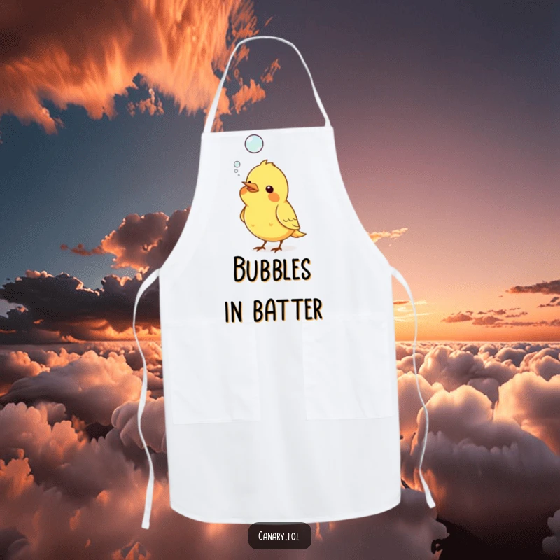 Funny apron showing a canary bird blowing a large, iridescent bubble from its beak, perfect for humorous kitchen sessions.