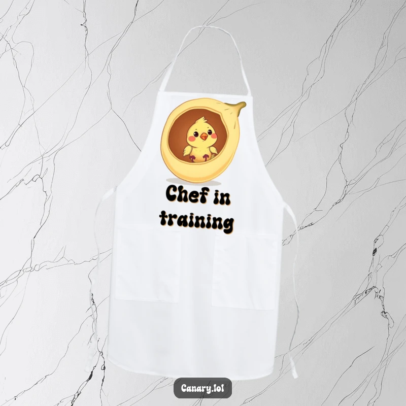 Funny canary bird apron, curiously peeking from a seed pod, making cooking and gardening more humorous and fun.