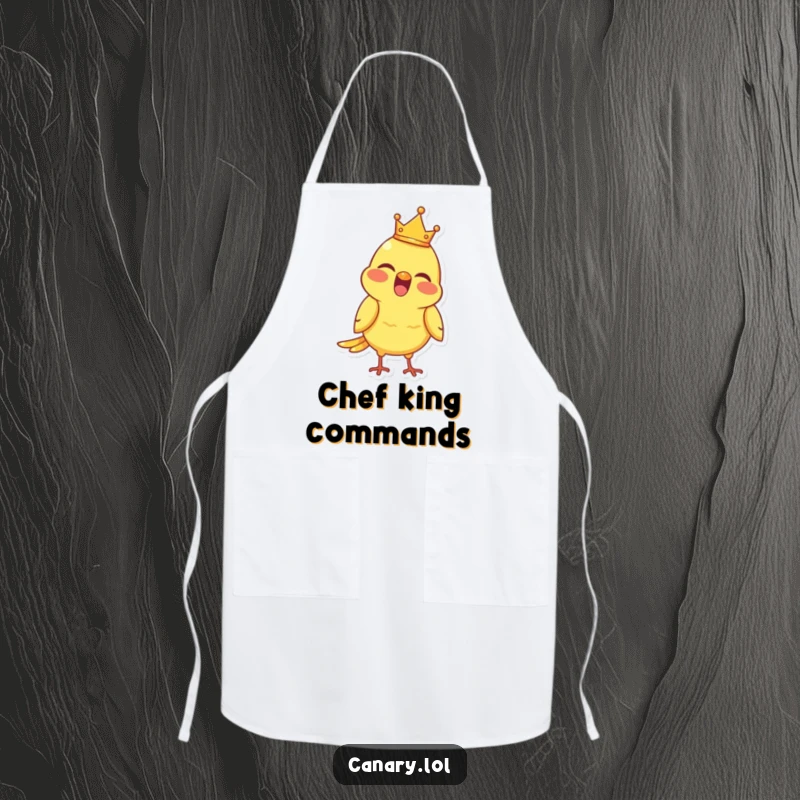 Funny Apron with a joyful canary bird wearing a tiny crown, chirping merrily, perfect for cooking.