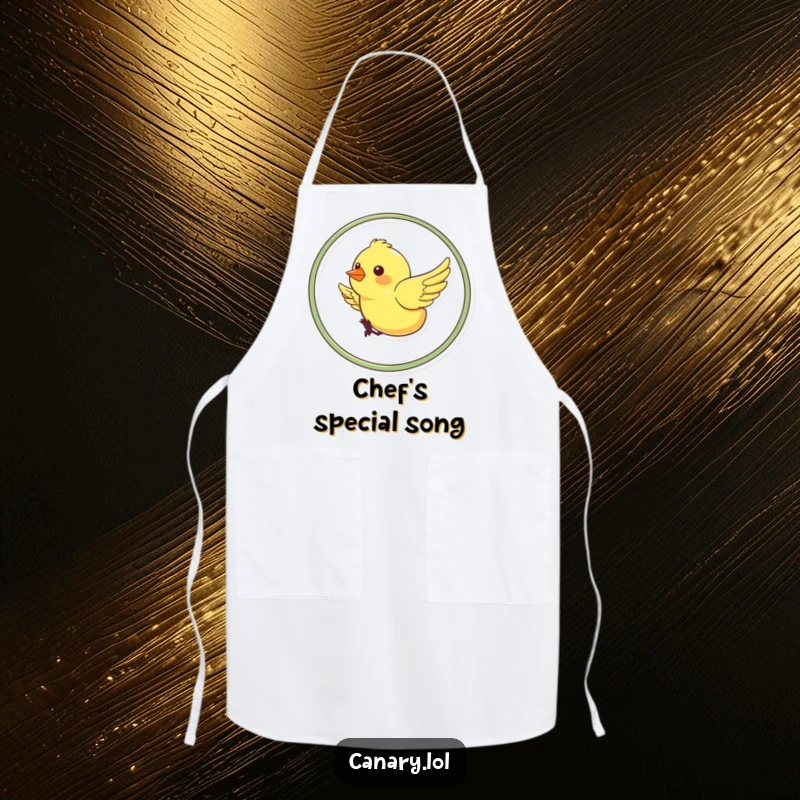 Funny apron featuring a cheerful canary performing a loop-the-loop, ready to add a splash of fun to any kitchen activity.