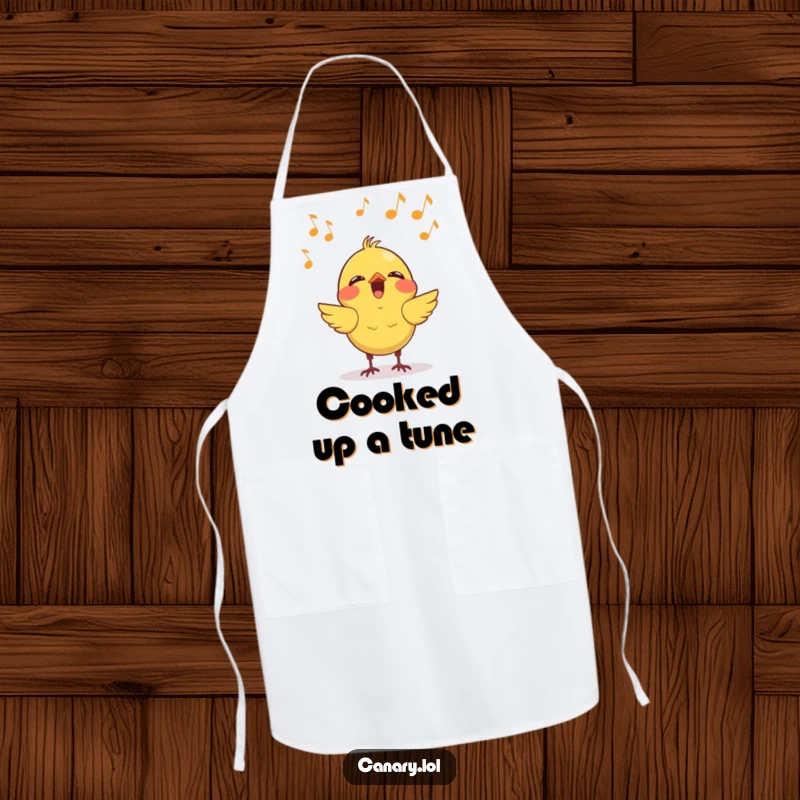 Funny kawaii canary singing apron, showing a cheerful bird with musical notes, perfect for kitchen fun and humorous culinary experiences.
