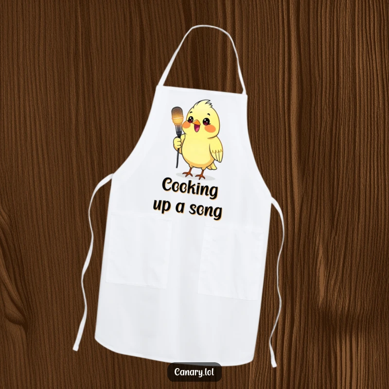 Funny apron with a canary bird holding a glowing microphone, ideal for kitchen performances.