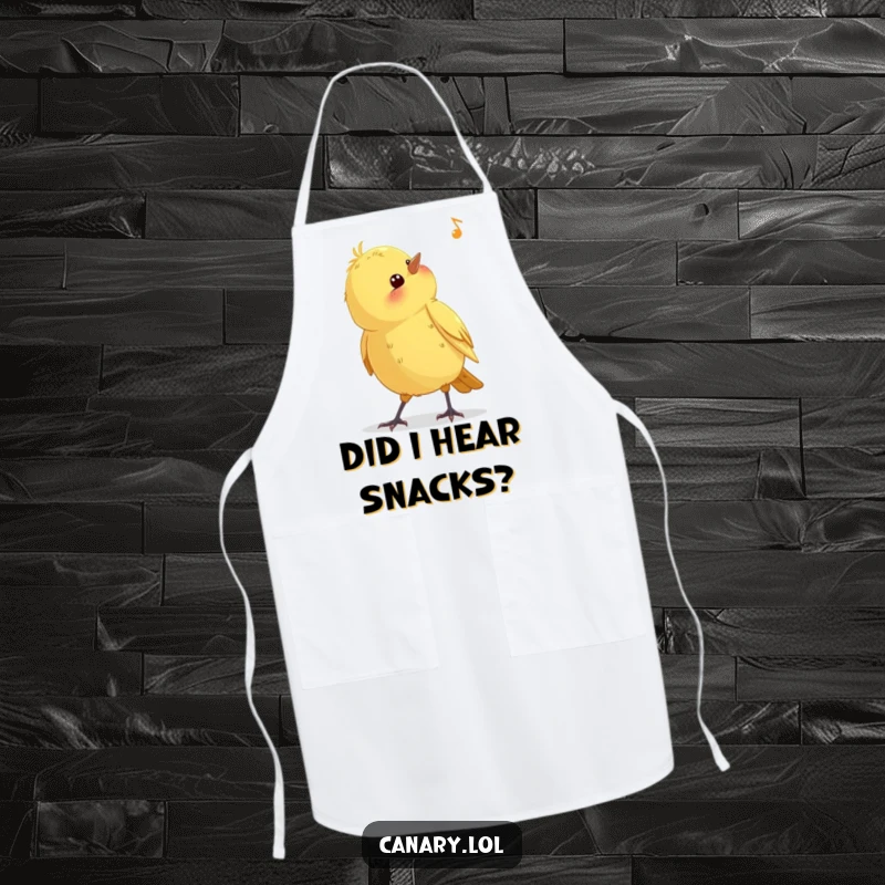 Funny curious canary bird apron, tilting head to listen, perfect for kitchen use, adding humor to cooking tasks, a charming gift.