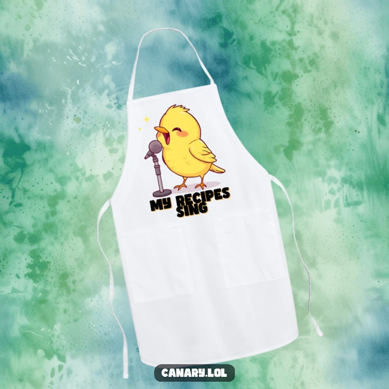Funny Apron: A beaming canary sings with gusto into a tiny microphone, bringing humorous entertainment to the kitchen.
