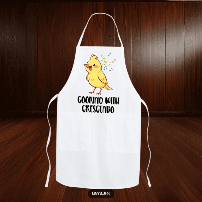 Funny canary bird apron, joyfully spilling musical notes while cooking, making kitchen tasks more humorous and fun.