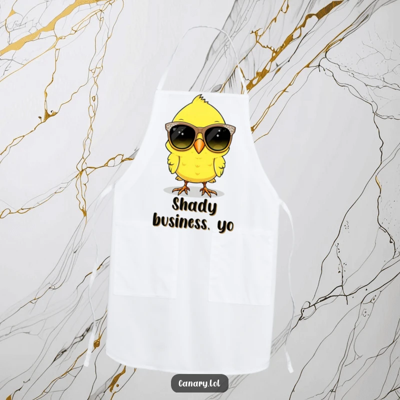 Funny canary bird chef apron with oversized, sparkly sunglasses, ready to cook with style and humor.