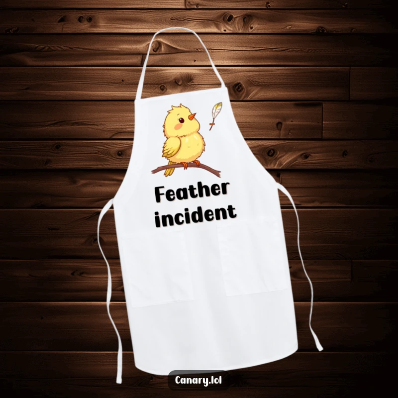 Funny canary bird apron, surprised expression while cooking, feather falling, humorous kitchen wear, chef accessory.