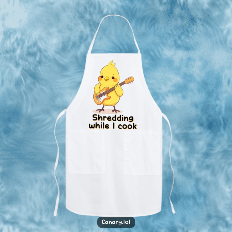 Funny Canary Apron: A bird wearing an apron and playing a guitar with its feet, ready to whip up a musical meal.