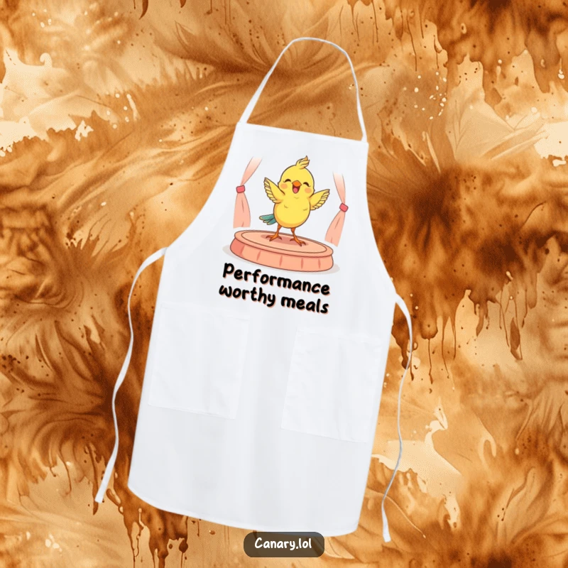 Funny kitchen apron showing a happy canary performing a delightful dance on a small stage, perfect for chefs who love a show.