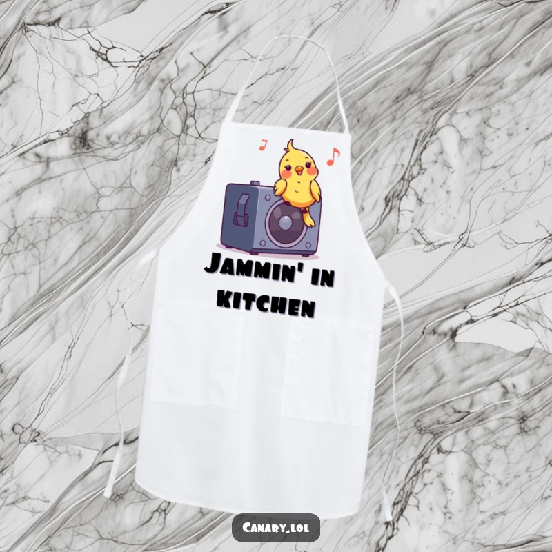 Funny apron featuring a canary bird enthusiastically bobbing its head to music on a speaker, ideal for culinary fun.
