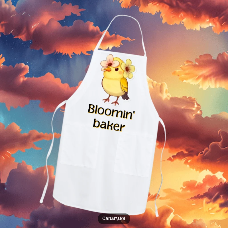 Funny small canary bird apron, comically wearing a flower as a hat while cooking. A humorous and practical kitchen accessory.