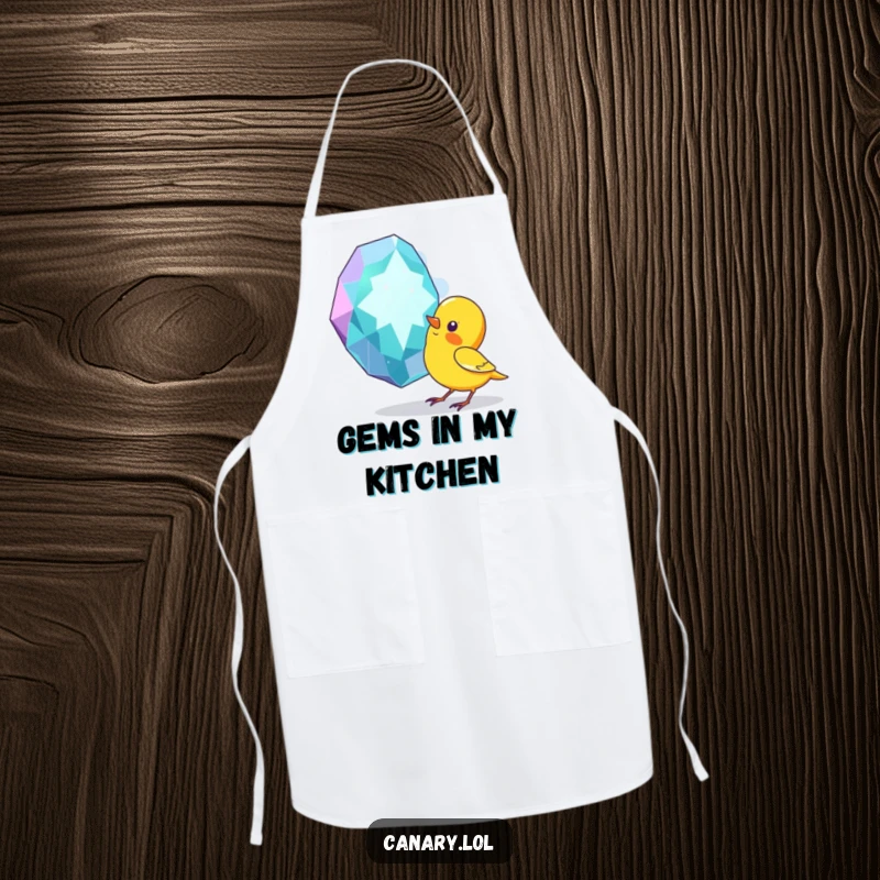 Funny apron showing a canary bird curiously pecking at a large, sparkling gem while cooking, adding humor to the kitchen.