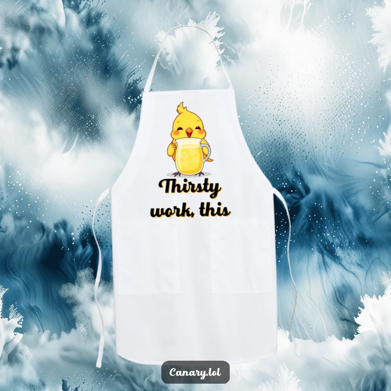 Funny canary bird chef apron, enthusiastically chugging from a tiny lemonade pitcher, perfect for cooking.