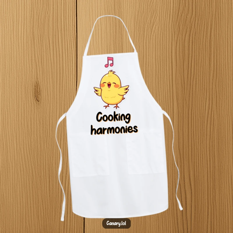 Funny Canary Apron: Kitchen wear featuring a cheerful bird singing loudly with a musical note, perfect for adding fun to cooking.