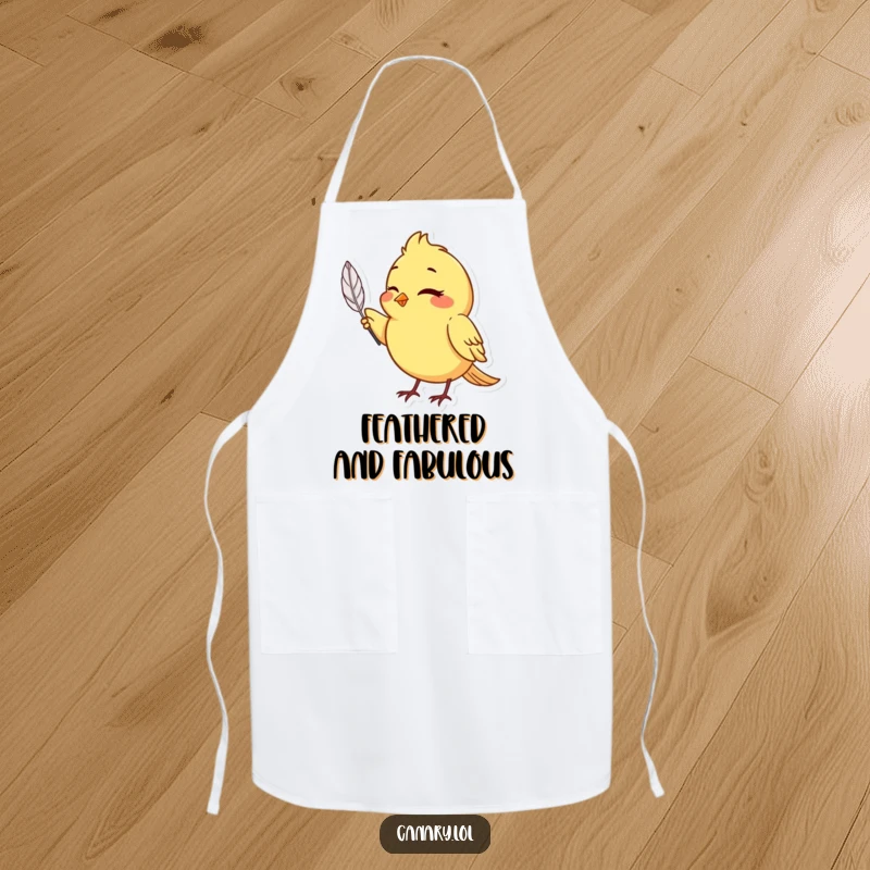 Funny canary bird chef apron, winking and holding a single, perfect feather, perfect for cooking.