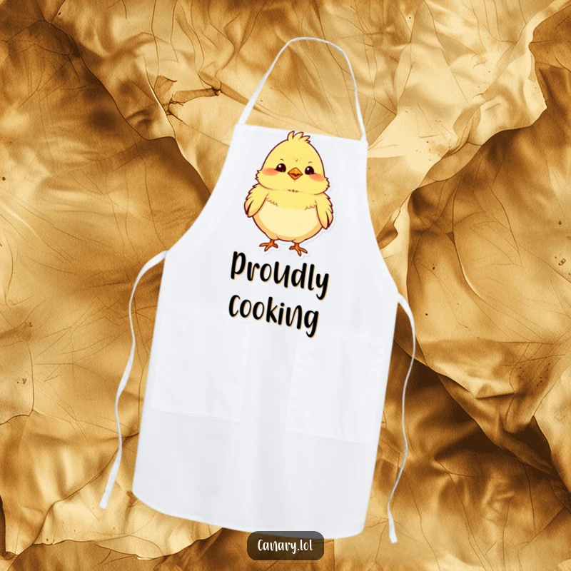 Funny apron showcasing a chubby yellow canary puffing its chest with pride, adding humor to kitchen tasks.