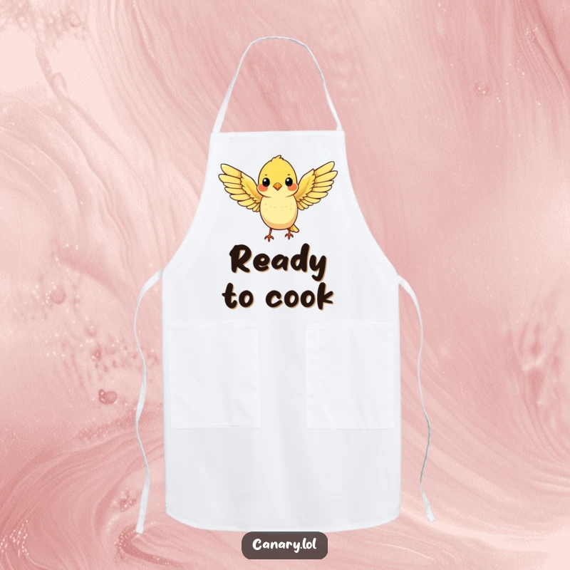 Funny apron showcasing a cute yellow canary spreading its wings wide, ready for flight, bringing cheer to cooking.