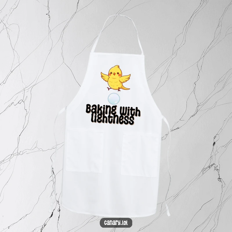 Funny canary bird apron, dancing with fluttering wings on a bouncing bubble, making kitchen tasks more whimsical and fun.