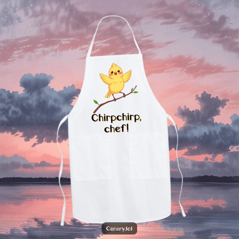 Funny canary apron showing a happy, dancing yellow bird poised on a thin, precarious branch while cooking.