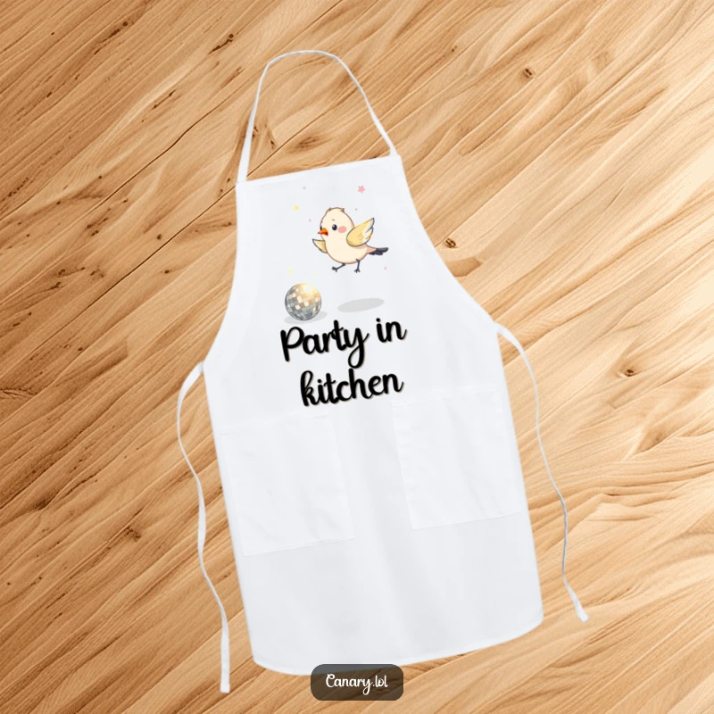 Funny apron featuring an excited bird hopping around a disco ball, adding a touch of disco flair to cooking.