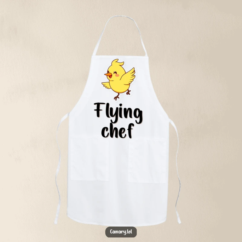 Funny stylized canary bird apron, exaggerated smile, flying in a cheerful arc, humorous kitchen wear.