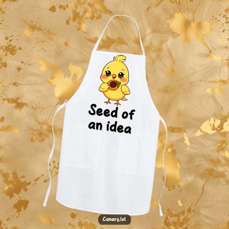 Funny canary bird apron, radiant smile, balancing a sunflower seed on its nose, adds skill and humor to cooking.