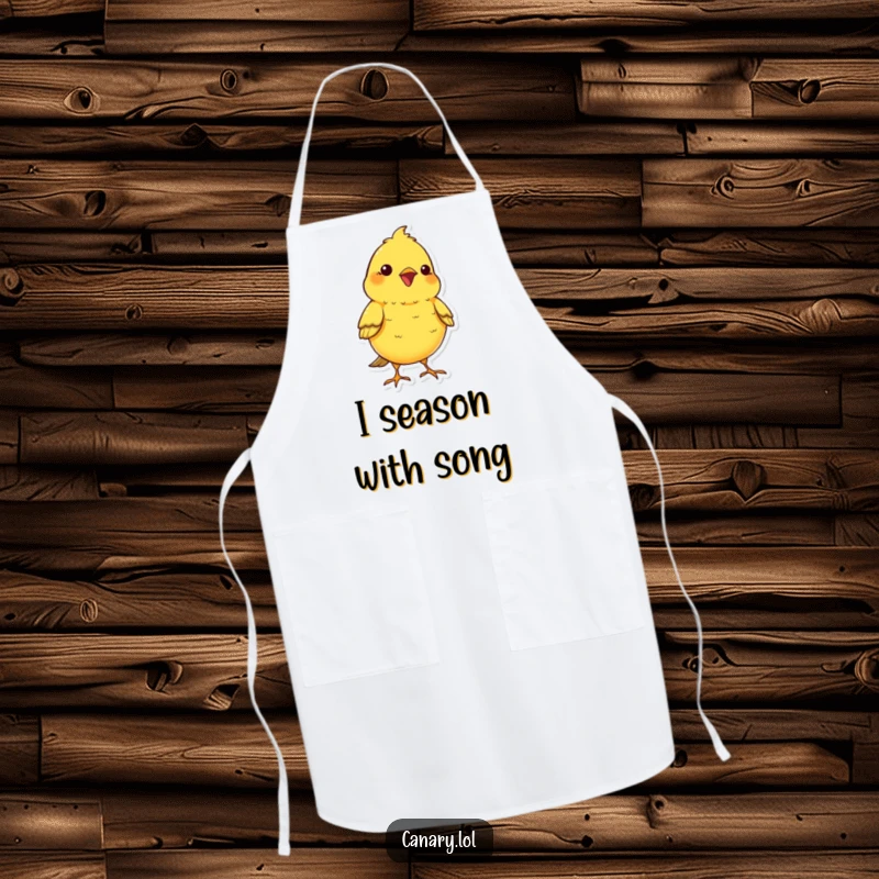 Funny kawaii canary bird apron, chest puffed out, chirping cheerfully, a humorous and practical kitchen accessory.