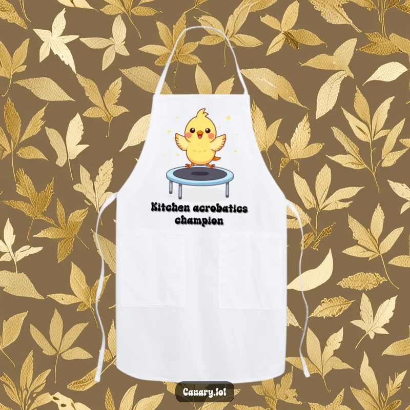 Funny apron featuring a kawaii canary with eyes closed in delight, joyfully bouncing on a trampoline, ready for culinary fun.