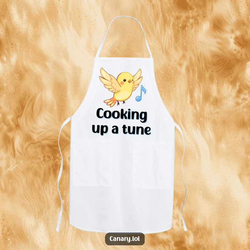 Funny musical canary apron, cute bird singing with wings spread near a sparkling musical note, kitchen wear.