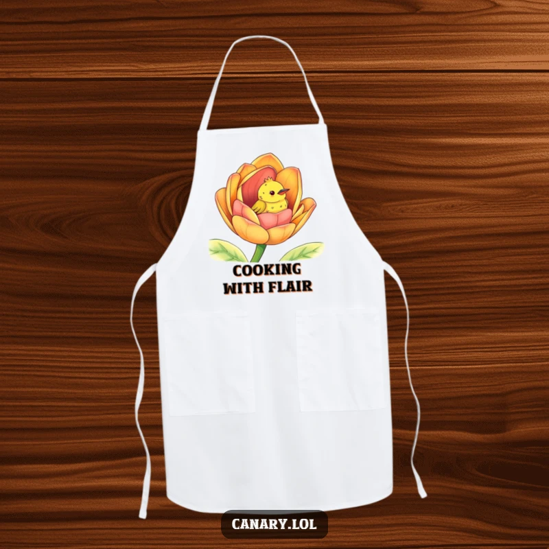 Funny peek-a-boo canary apron, cute bird peeking from a giant colorful flower bud, kitchen wear.