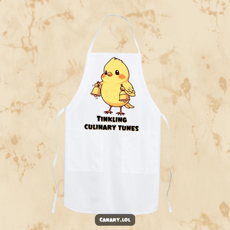 Funny Shy Canary Bird Apron: A timid canary bird presents a small, shiny bell, adding sweet humor to kitchen tasks.