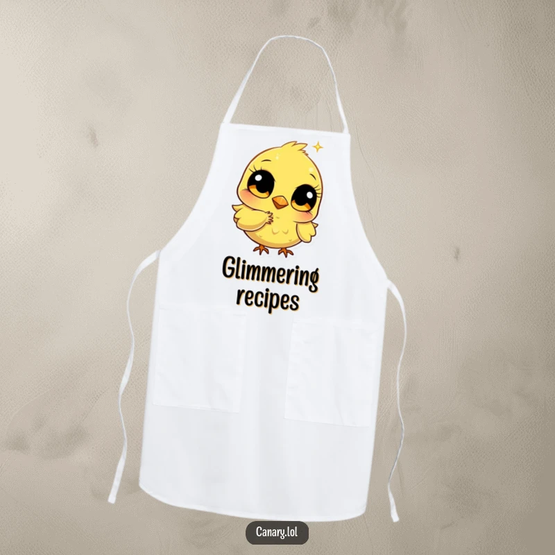 Funny stylized canary apron with big bright eyes pecking a golden sparkle, perfect for humorous and sparkling kitchen adventures.
