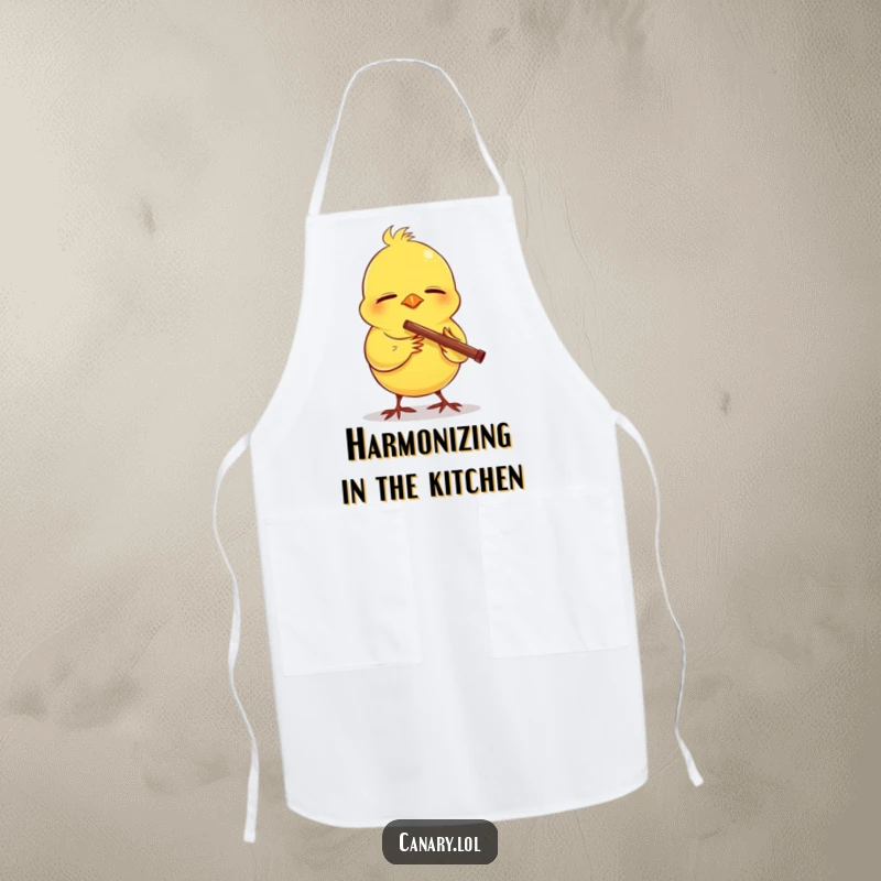 Funny apron featuring a canary with eyes closed, happily playing a tiny flute, bringing musical joy to kitchen tasks.