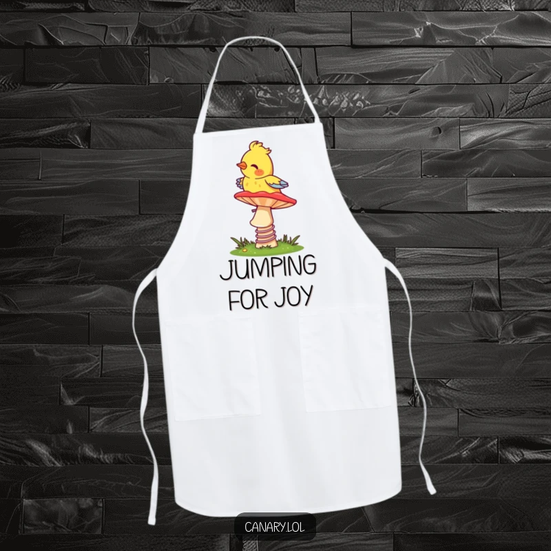 Funny Canary Apron: A bird bouncing on a mushroom, ready to add a fun and whimsical touch to your cooking.