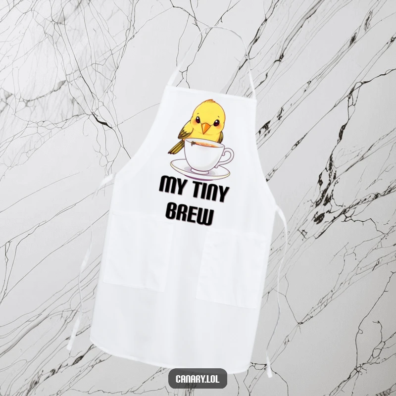 Funny canary bird apron, playfully dipping beak into a tiny, sparkling teacup, adds elegance to cooking.