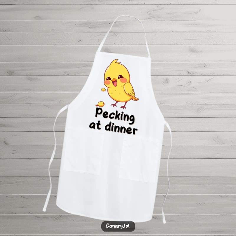 Funny kawaii canary apron showing a bird excitedly pecking at a seed, a humorous and practical cooking accessory.