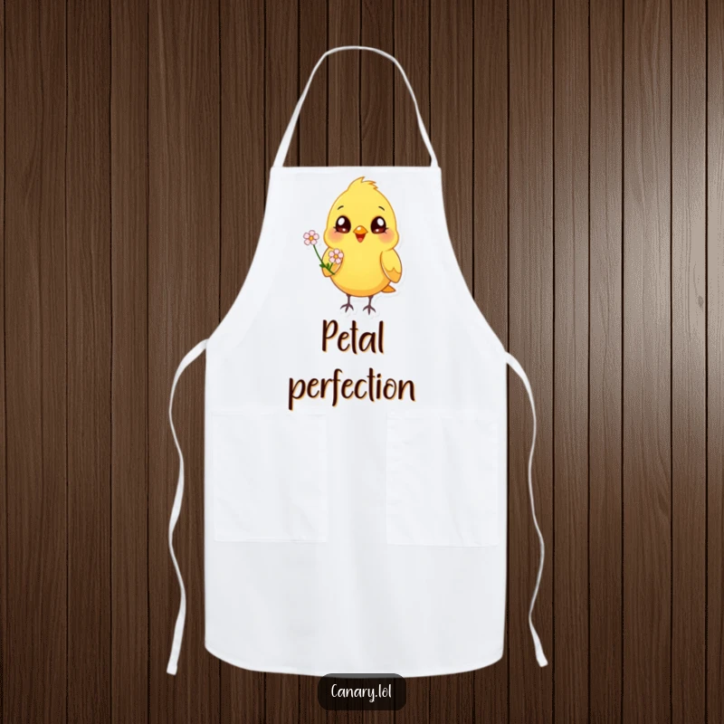 Funny happy canary bird apron, bright eyes, offering a flower, cheerful kitchen wear, cooking accessory.