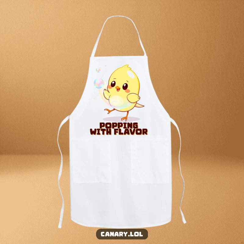 Funny Apron print of a yellow canary playfully chasing a shimmering iridescent bubble, ideal for kitchen fun and games.