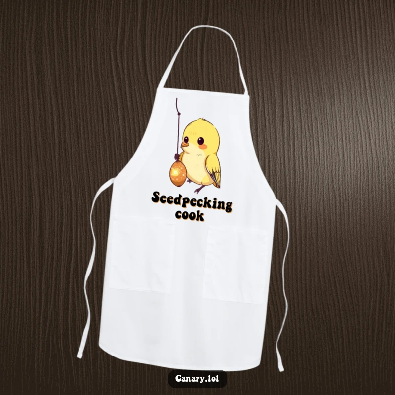 Funny Apron showing a curious canary bird pecking at a sparkling, dangling seed, adding a touch of playful focus.