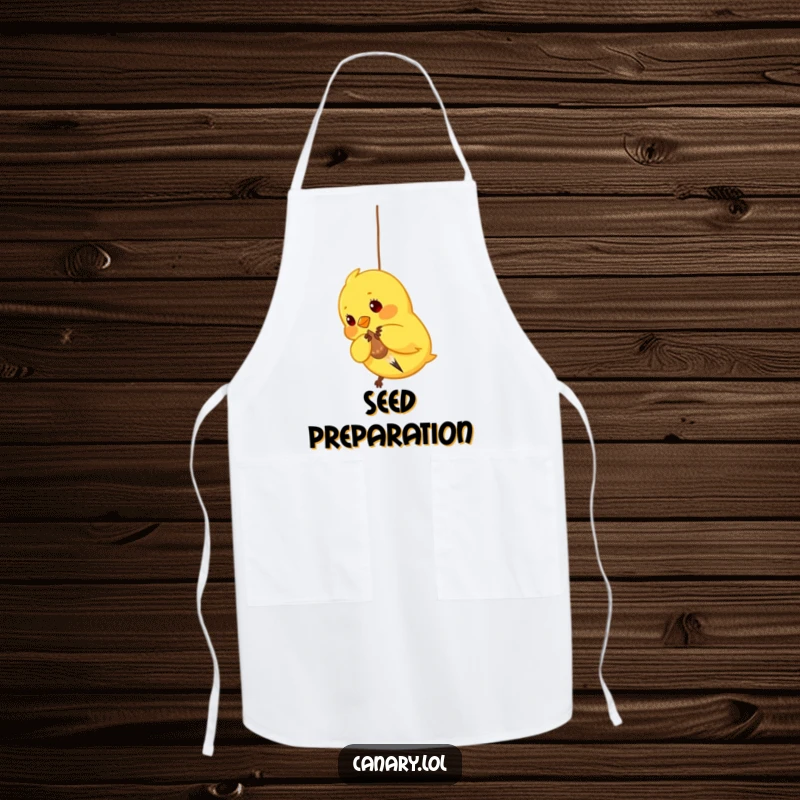 Funny Canary Apron: Kitchen wear featuring a bright yellow bird playfully pecking at a dangling seed, adding humor to cooking.