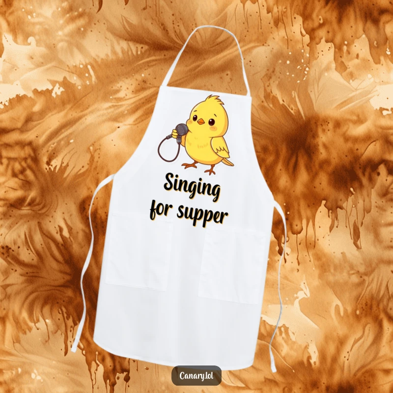 Funny Apron print of a tiny yellow canary dramatically posing with a twig microphone, ready to entertain while cooking.