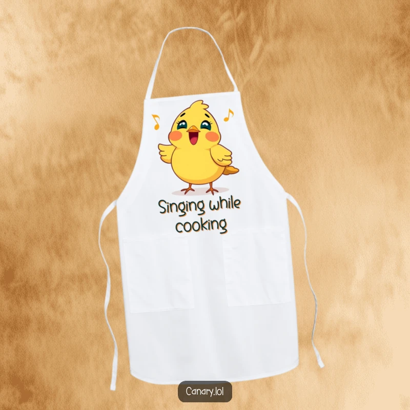 Funny apron featuring a cheerful canary bird puffing its chest out, joyfully singing a bright, melodic tune, perfect for a fun kitchen.