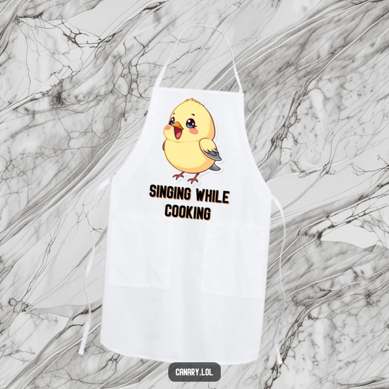 Funny Apron: A tiny, round canary bird with bright eyes sings with its beak open, adding a cheerful and musical touch to kitchen tasks.