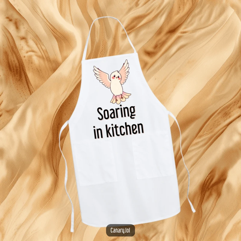 Funny apron featuring a bird performing a delightful pirouette, ideal for kitchen adventures and adding humor while cooking.