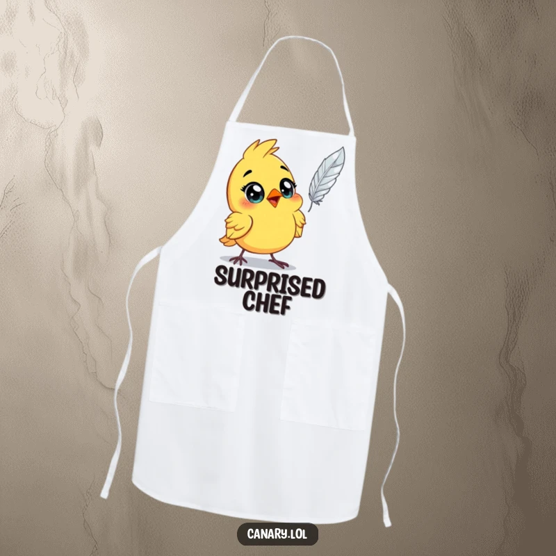 Funny astonished canary bird apron, wide eyes, witnessing a floating feather. A humorous and practical kitchen accessory.