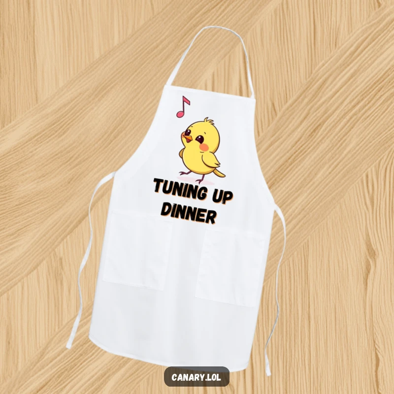 Funny Apron depicting a canary pecking at a floating musical note with mischievous glee, bringing a playful and musical touch to any kitchen.